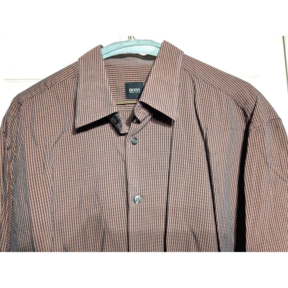 Hugo Boss Mens XL Brown Check/Plaid Casual Dress Long Sleeve Shirt Oxford Weave